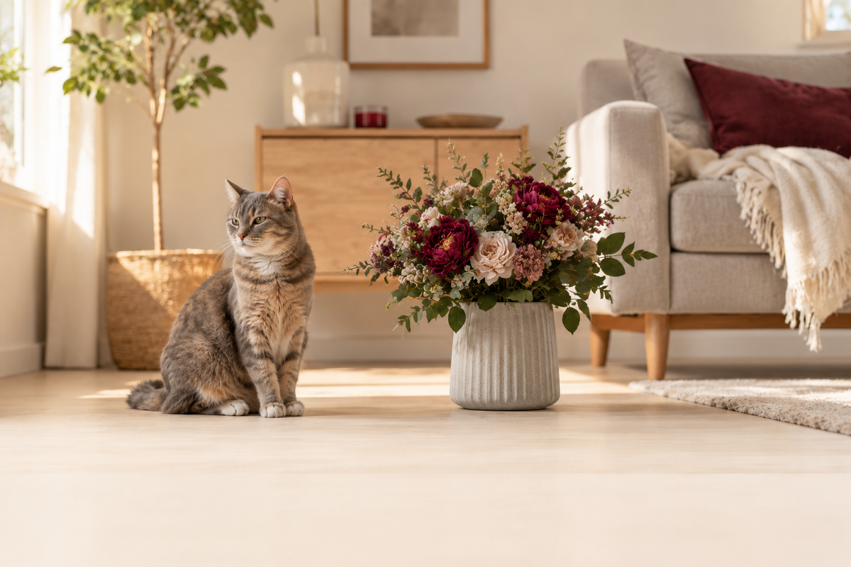 Living room with artificial flowers on a low table