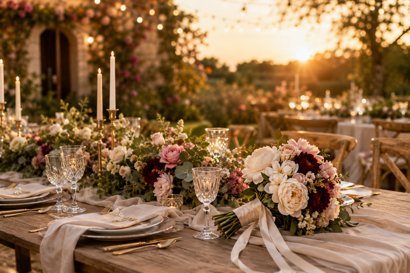Hochzeitstafel mit Blumendekoration