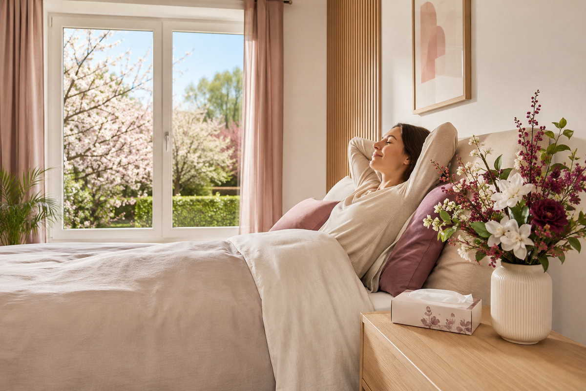 Heller Wohnraum mit Kunstblumen, Fenster im Hintergrund