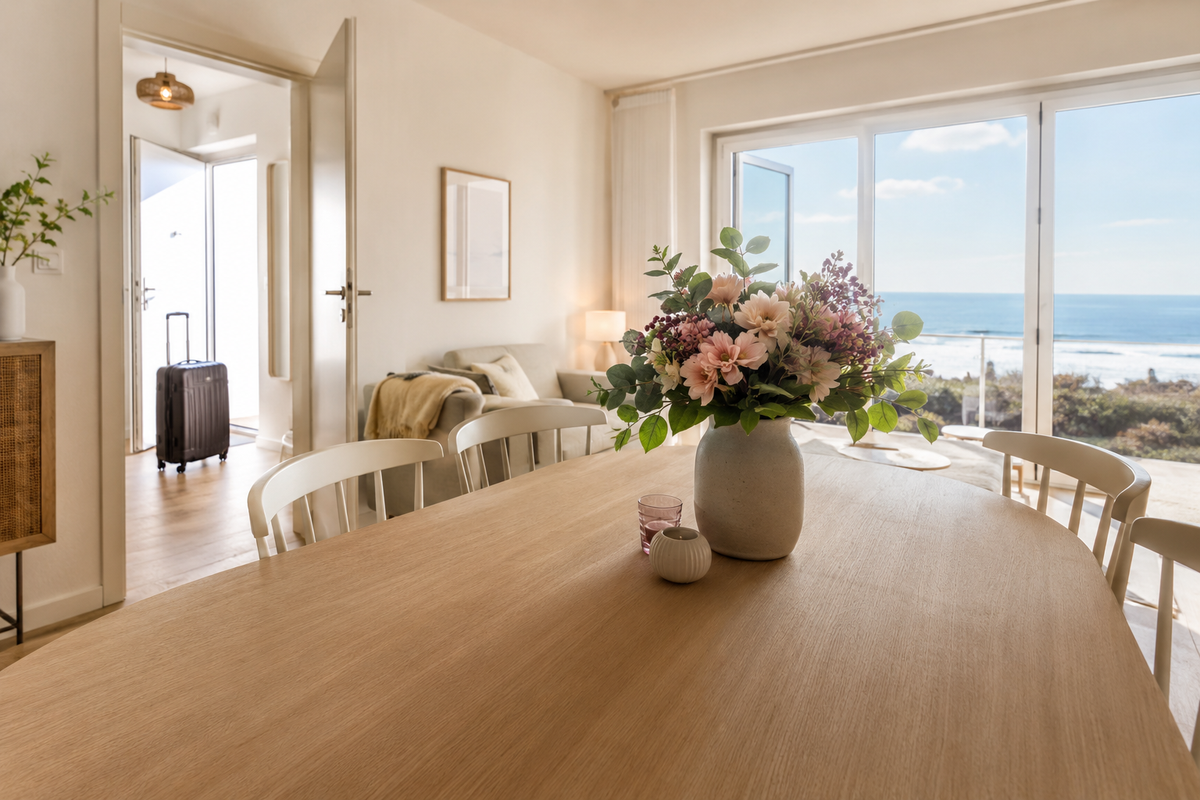 Helle Ferienwohnung mit Kunstblumen auf dem Esstisch