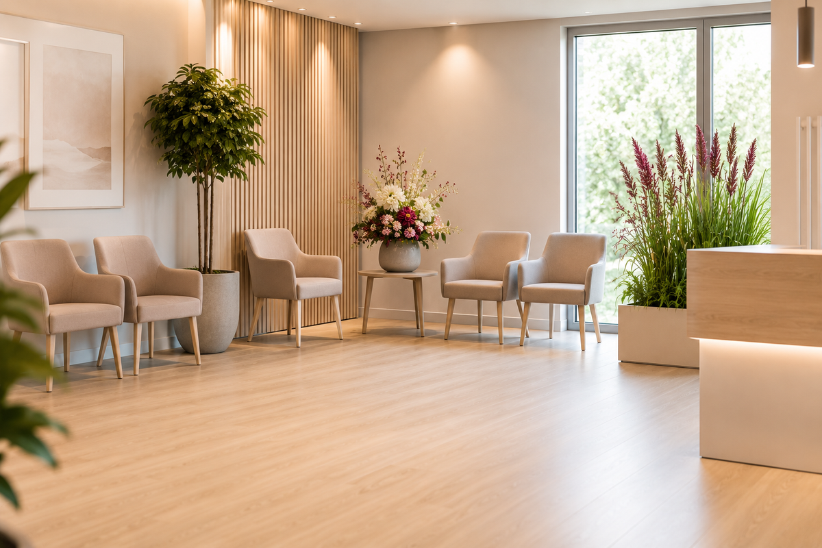 Salle d'attente avec des chaises et une plante artificielle dans un coin