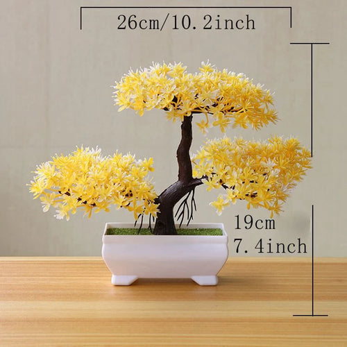 Künstlicher Bonsai in Gelb mit Maßangaben: 26 cm hoch, Topf 19 cm breit