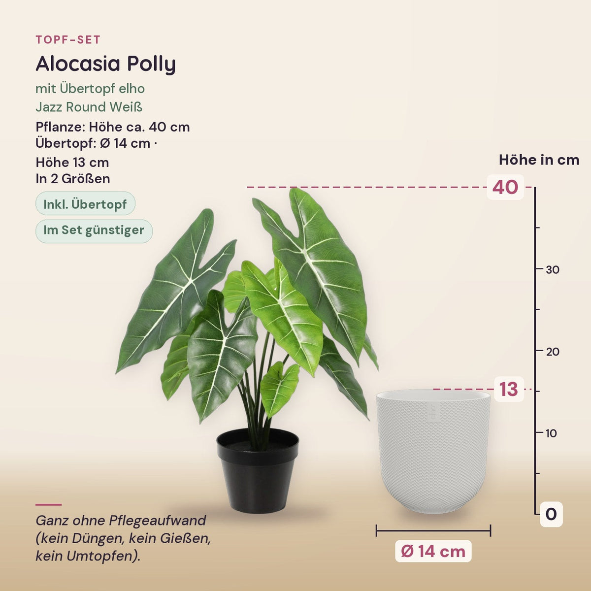 Künstliche Alocasia Polly (Alocasia 'Polly') mit Übertopf elho Jazz Round Weiß – Maße aller Teile