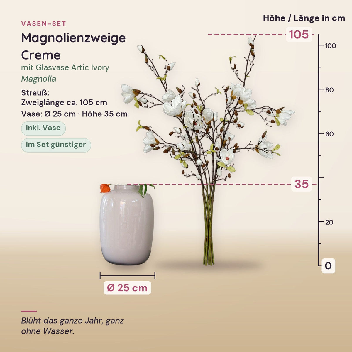 Künstliche Magnolienzweige Creme (Magnolia) mit Glasvase Artic Ivory – Maße aller Teile