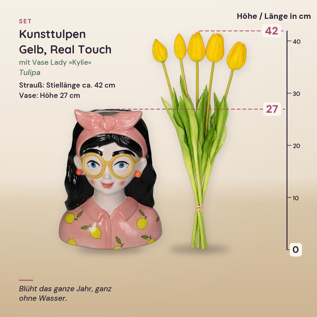 Kunsttulpen Gelb (Tulipa), Real Touch, mit Vase Lady »Kylie« – Maße aller Teile