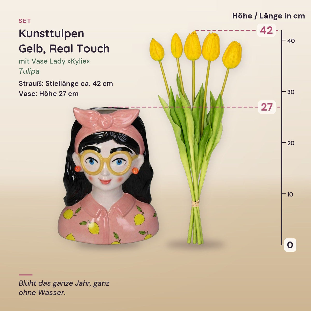 Kunsttulpen Gelb (Tulipa), Real Touch, mit Vase Lady »Kylie« – Maße aller Teile
