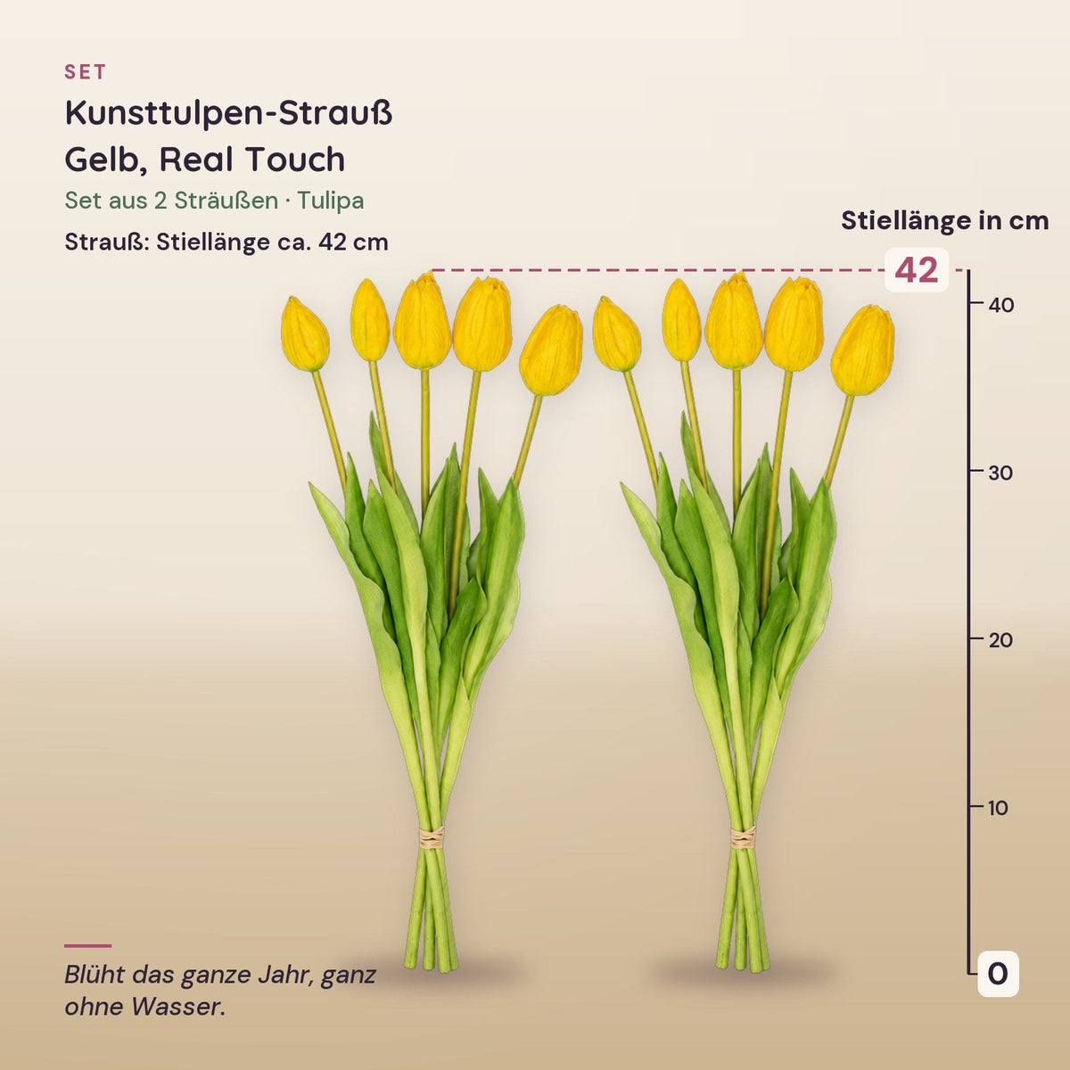 Kunsttulpen-Strauß Gelb (Tulipa), Real Touch, Set aus 2 Sträußen, 5 und 10 Stiele, Stiellänge ca. 42 cm – Maße aller Teile