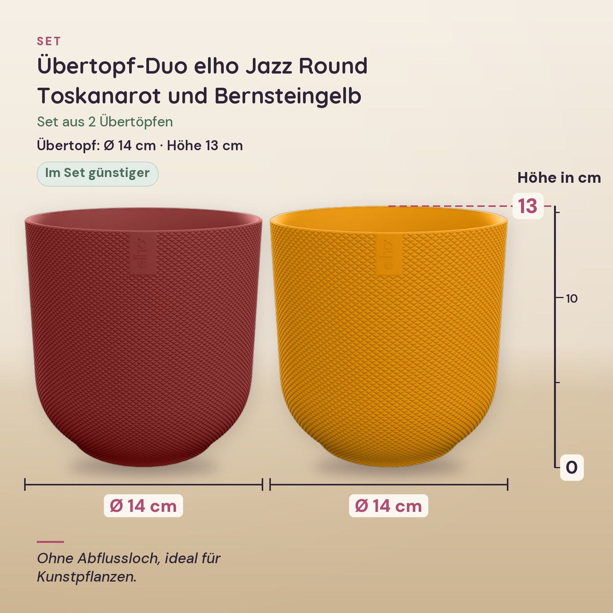 Übertopf-Duo elho Jazz Round Toskanarot und Bernsteingelb, Ø 14 cm – Maße aller Teile