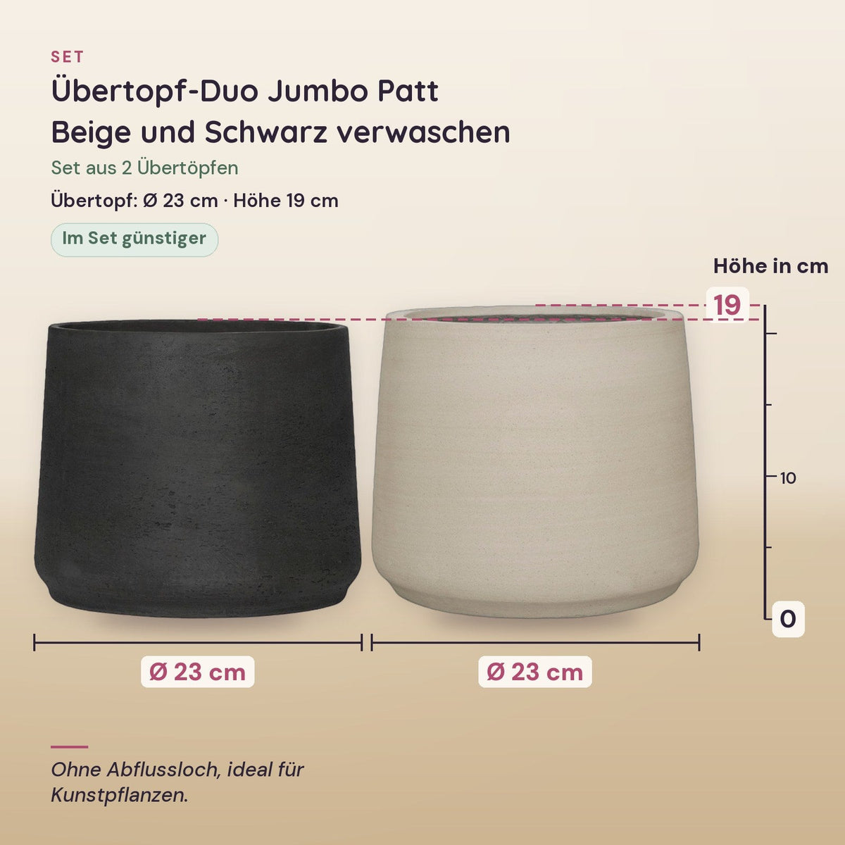 Übertopf-Duo Jumbo Patt Beige und Schwarz verwaschen, Ø 23 cm – Maße aller Teile