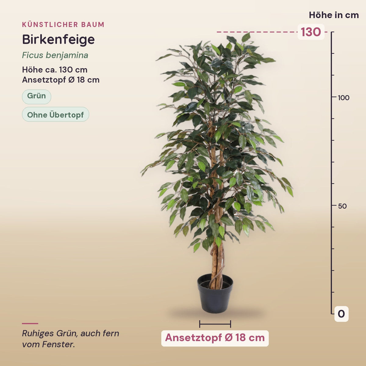 Künstliche Birkenfeige (Ficus benjamina) – Maße, ca. 130 cm