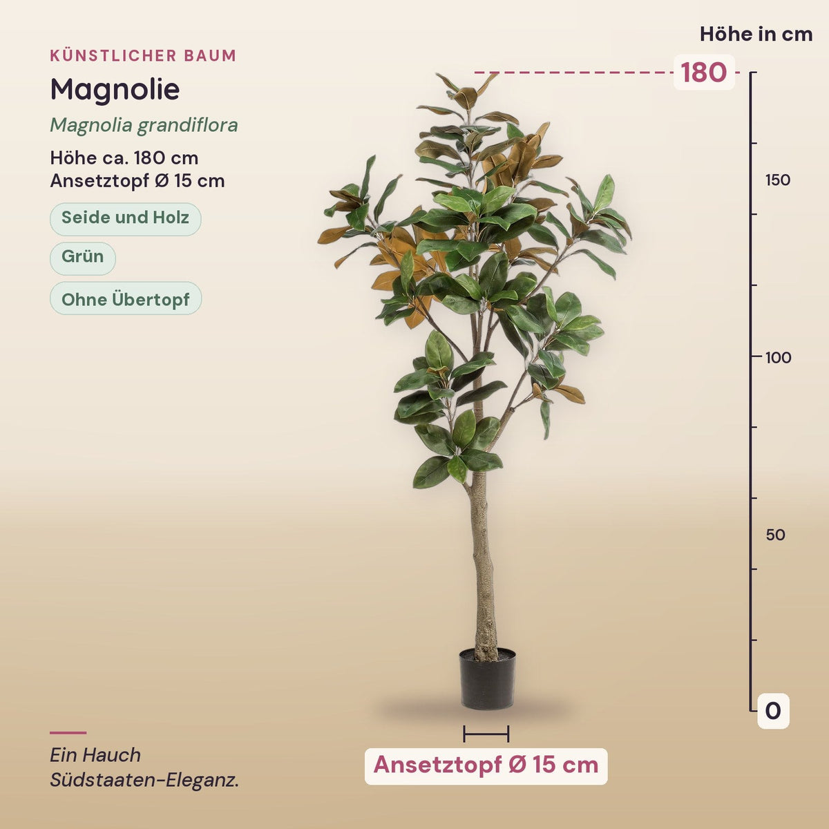 Künstliche Magnolie (Magnolia grandiflora) – Maße, ca. 180 cm