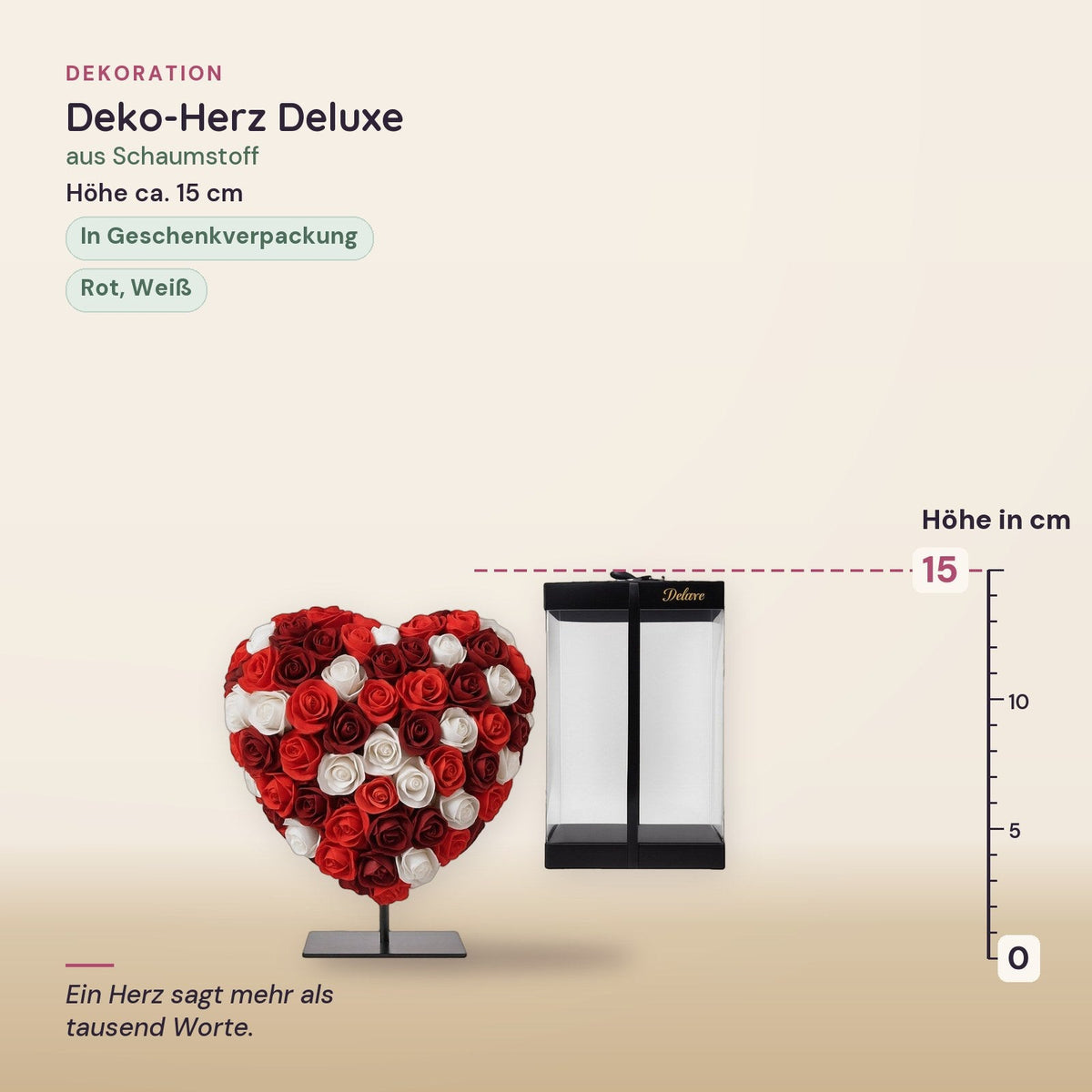 Deko-Herz Deluxe auf Ständer, Rot-Bordeaux-Weiß, ca. 15 cm – Maße