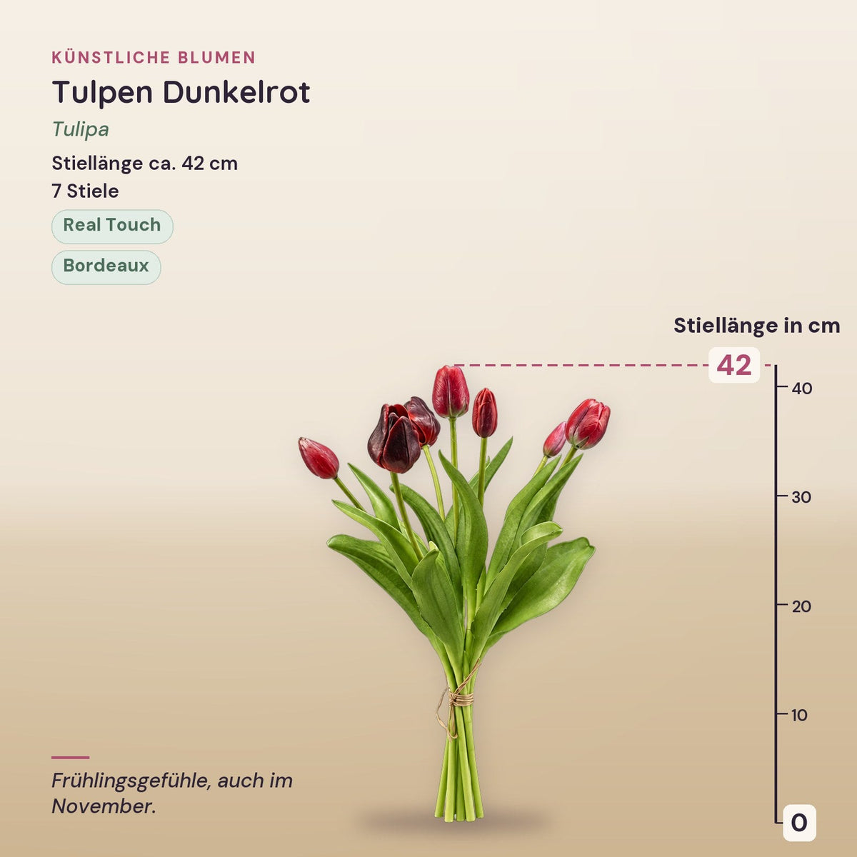 Kunsttulpen-Strauß Dunkelrot (Tulipa), Real Touch, 7 Stiele, ca. 42 cm – Maße (ohne Vase)