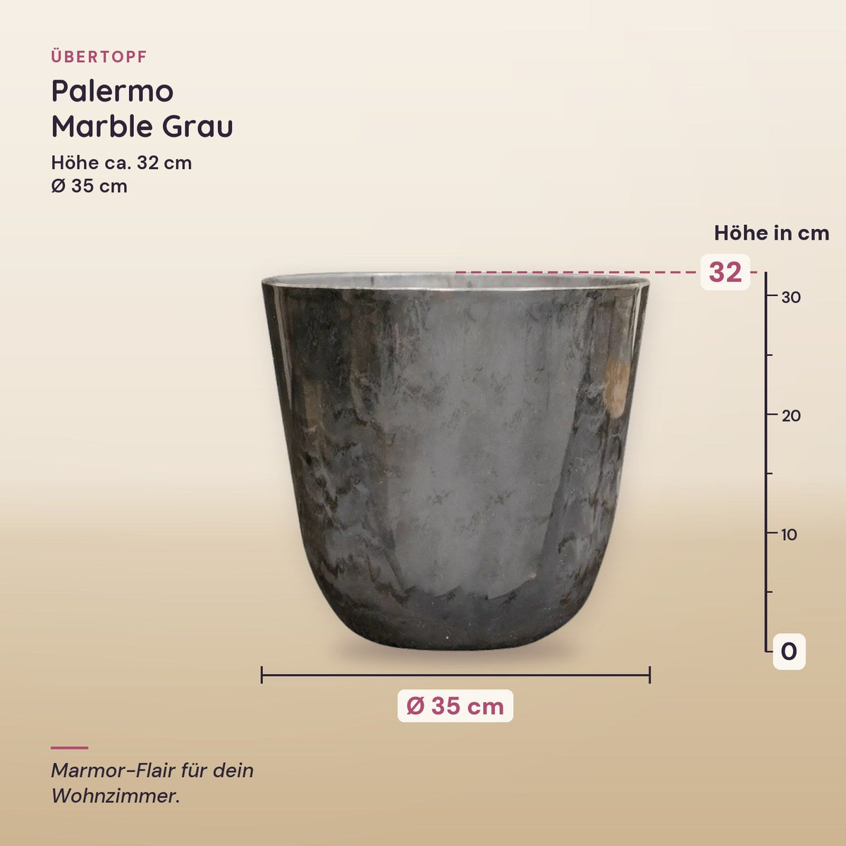 Übertopf Palermo Marble Grau – Maße, Ø 35 cm