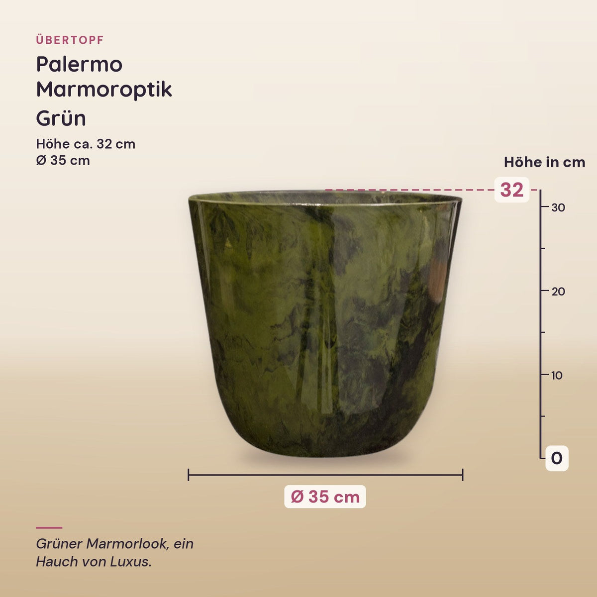 Übertopf Palermo Marmoroptik Grün – Maße, Ø 35 cm