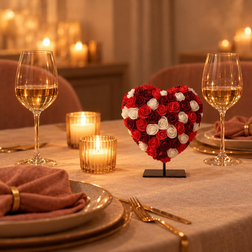 Deko-Herz Deluxe auf Ständer, Rot-Bordeaux-Weiß – Raumbild, Valentinstag