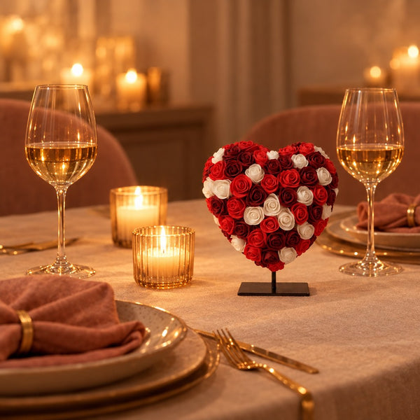 Deko-Herz Deluxe auf Ständer, Rot-Bordeaux-Weiß – Raumbild, Valentinstag