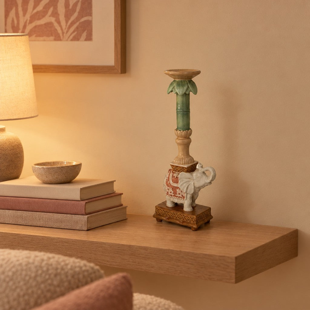 Kerzenhalter Elefant aus Polyresin, ca. 35 cm, Rosa/Grün – Raumbild