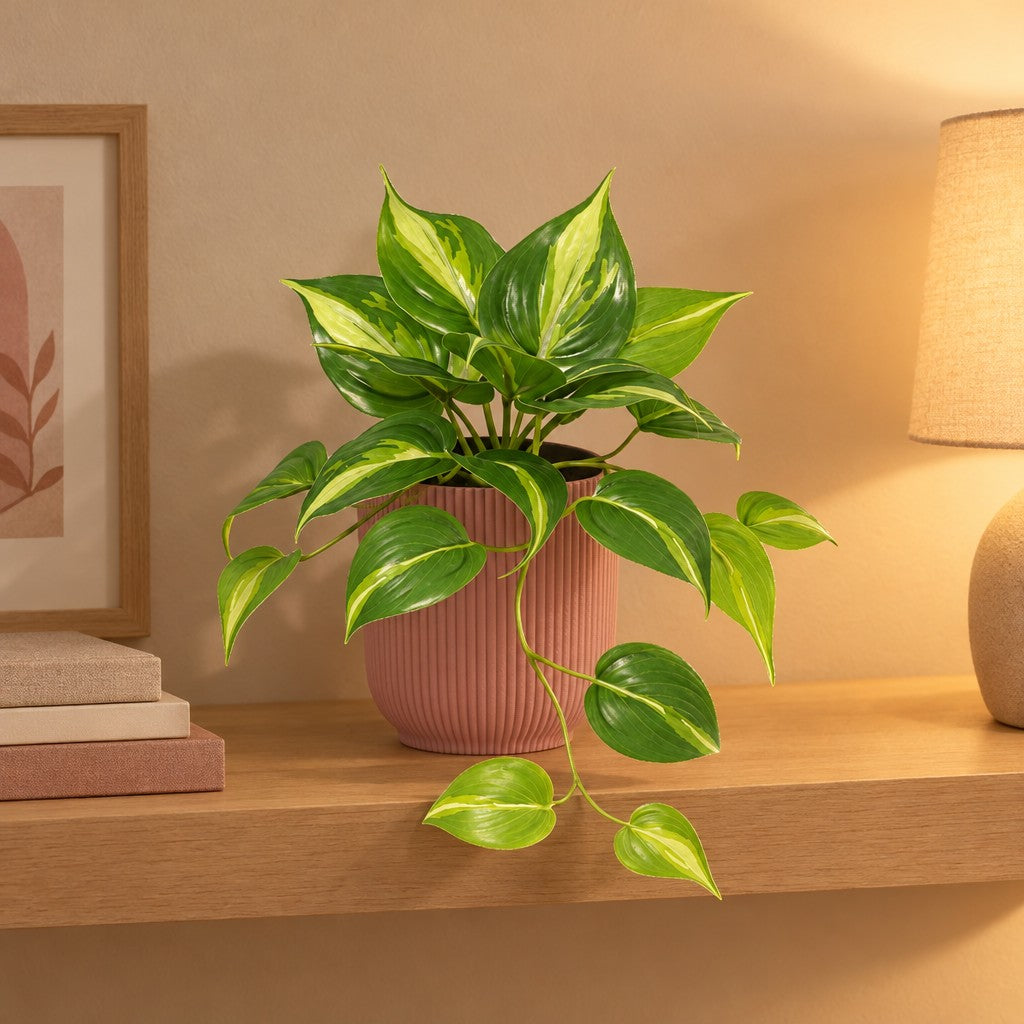 Künstliche Efeutute Variegata (Epipremnum aureum) – Raumbild, ca. 23 cm, im Übertopf elho Vibes Fold Round Rosa, Übertopf nicht enthalten