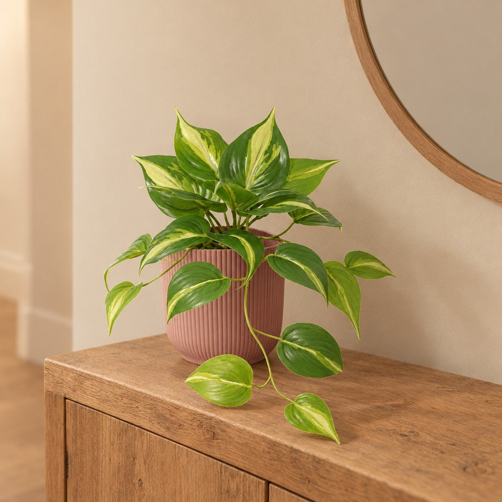 Künstliche Efeutute Variegata (Epipremnum aureum) – Raumbild, ca. 23 cm, im Übertopf elho Vibes Fold Round Rosa, Übertopf nicht enthalten