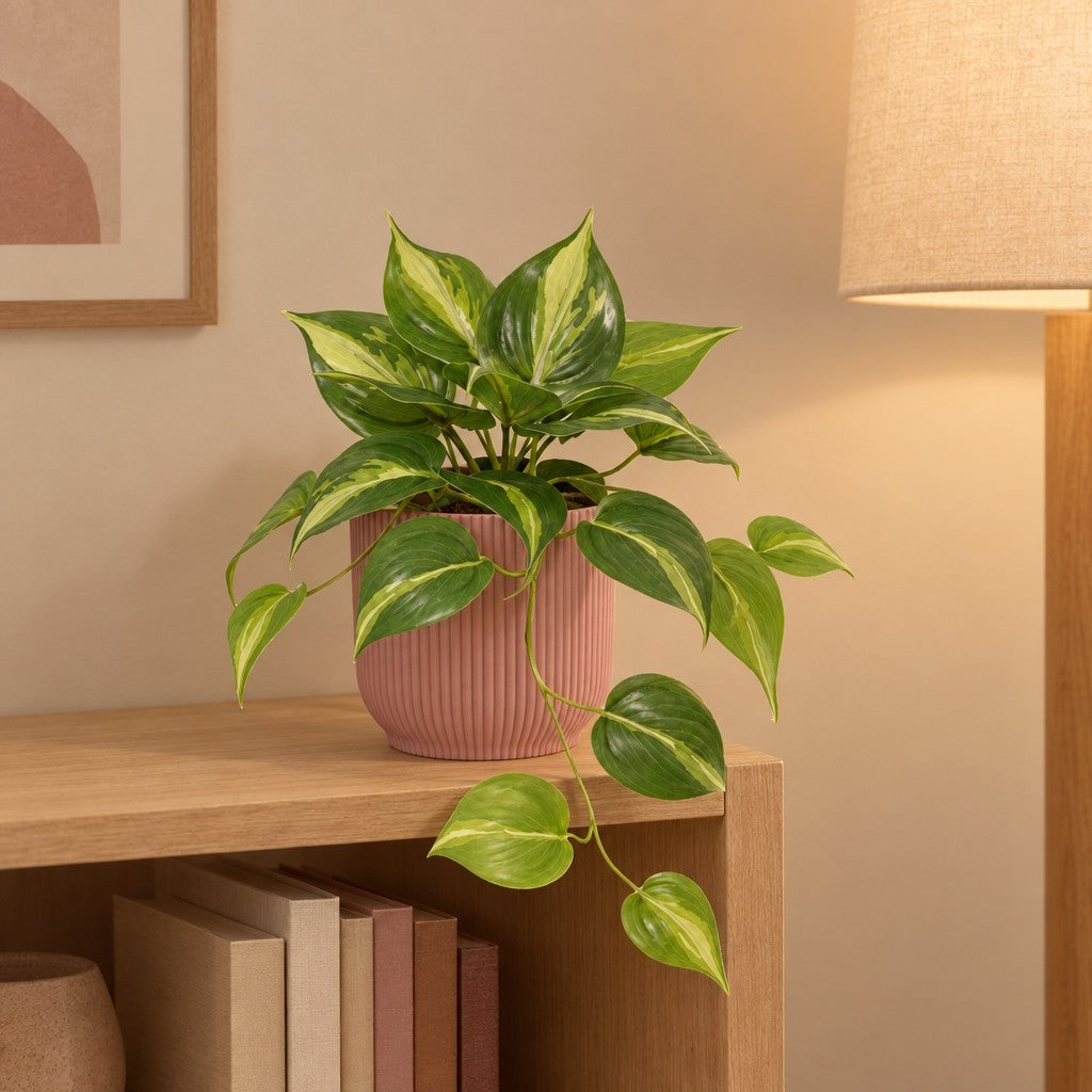 Künstliche Efeutute Variegata (Epipremnum aureum) – Raumbild, ca. 23 cm, im Übertopf elho Vibes Fold Round Rosa, Übertopf nicht enthalten
