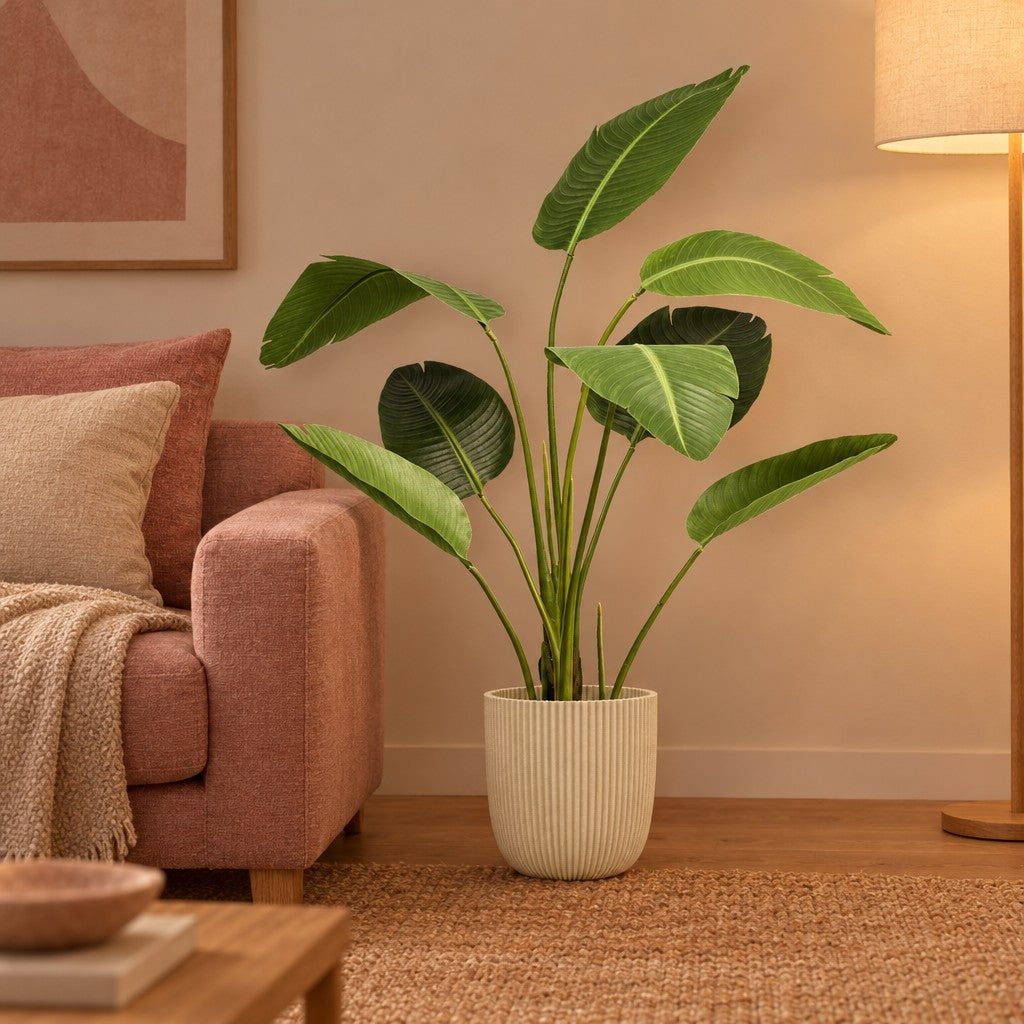 Künstliche Paradiesvogelblume (Strelitzia) – Raumbild, ca. 120 cm, im Übertopf Capi Nature Groove, Beige, Übertopf nicht enthalten