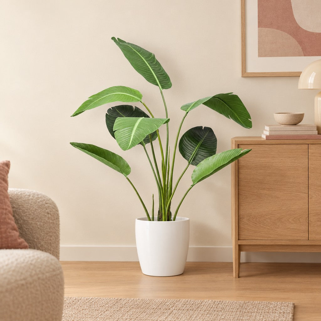 Künstliche Strelitzie (Strelitzia), ca. 120 cm – Raumbild im Übertopf elho Brussels Round Weiß, Übertopf nicht enthalten