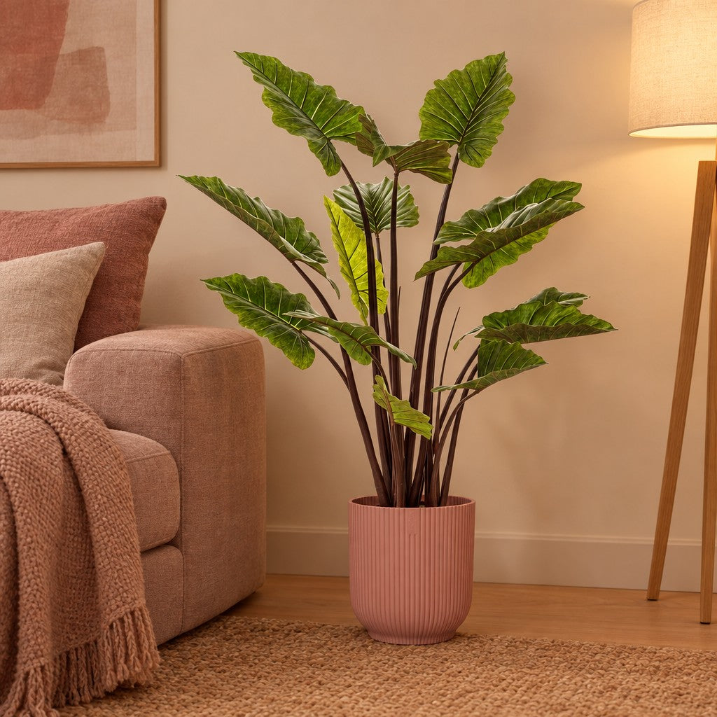 Künstliches Elefantenohr »Pink China« (Colocasia esculenta), ca. 130 cm – Raumbild im Übertopf elho Vibes Fold Round Rosa, Übertopf nicht enthalten
