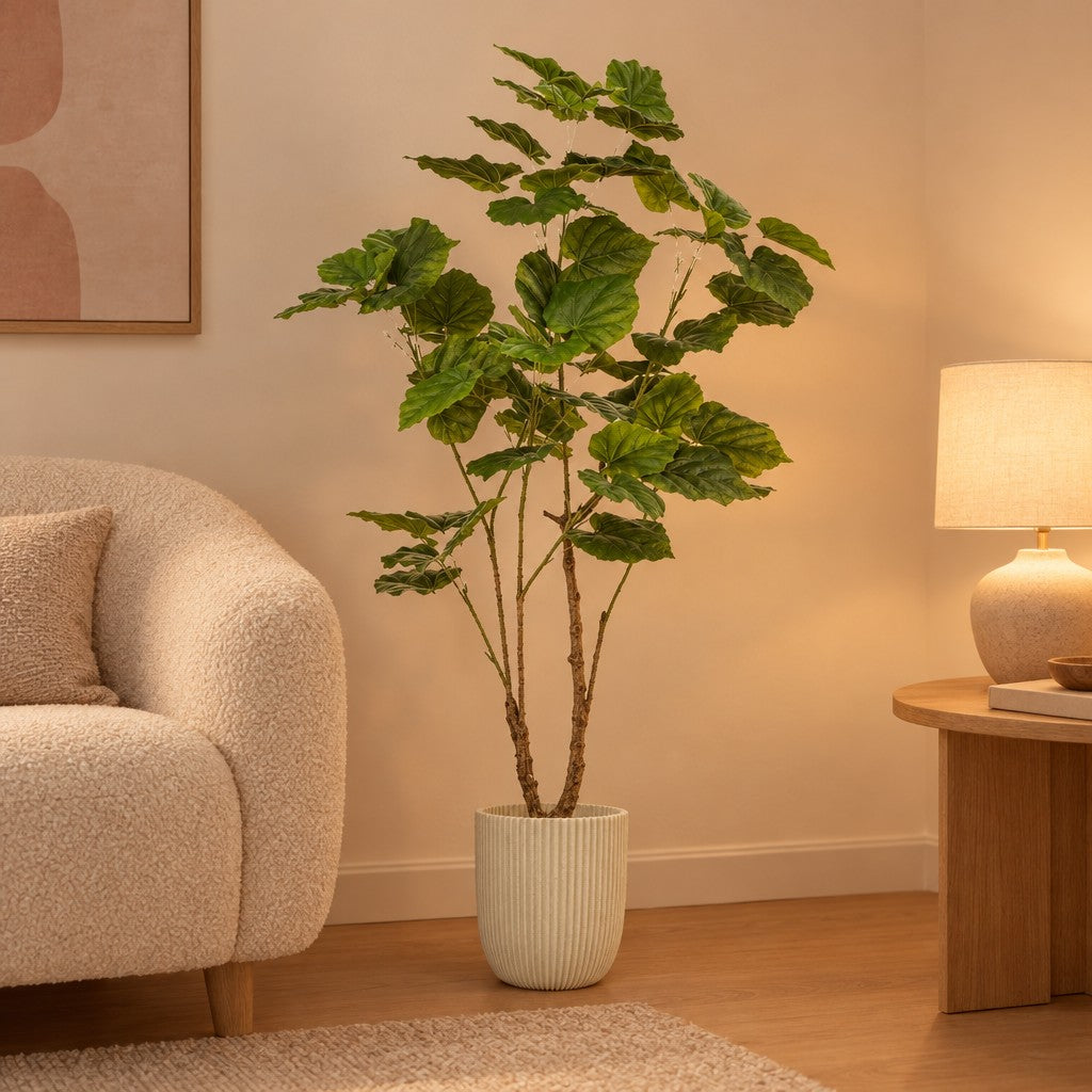 Künstliche Afrikanische Feige (Ficus umbellata) – Raumbild, ca. 125 cm, im Übertopf Capi Nature Groove, Beige, Übertopf nicht enthalten