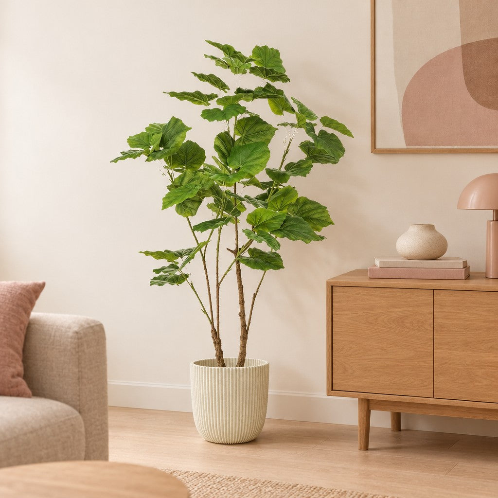 Künstliche Afrikanische Feige (Ficus umbellata) – Raumbild, ca. 125 cm, im Übertopf Capi Nature Groove, Beige, Übertopf nicht enthalten