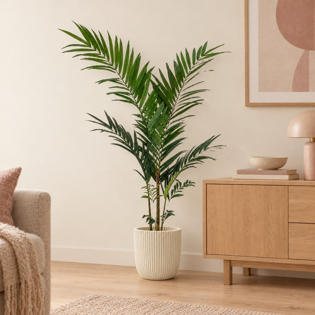 Künstliche Kentiapalme (Howea forsteriana) – Raumbild, ca. 150 cm, im Übertopf Capi Nature Groove, Beige, Übertopf nicht enthalten