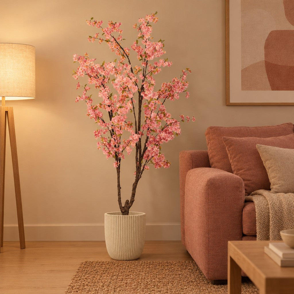 Künstlicher Kirschblütenbaum Rosa (Prunus), ca. 210 cm – Raumbild im Übertopf Capi Nature Groove, Beige, Übertopf nicht enthalten