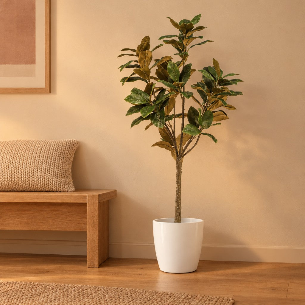 Künstliche Magnolie (Magnolia grandiflora) – Raumbild, ca. 150 cm, im Übertopf elho Brussels Round Weiß, Übertopf nicht enthalten