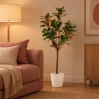Künstliche Magnolie (Magnolia grandiflora) – Raumbild, ca. 150 cm, im Übertopf elho Brussels Round Weiß, Übertopf nicht enthalten