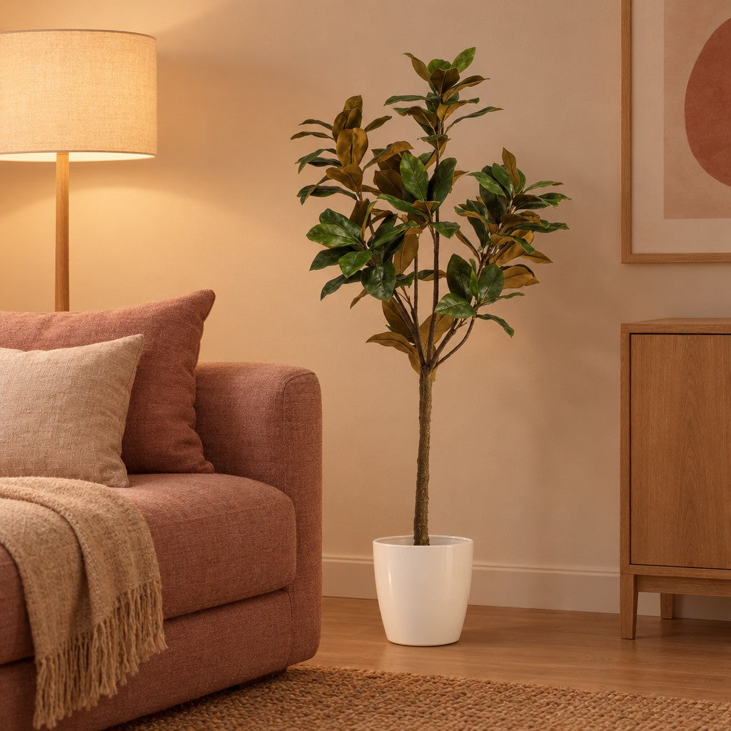 Künstliche Magnolie (Magnolia grandiflora) – Raumbild, ca. 150 cm, im Übertopf elho Brussels Round Weiß, Übertopf nicht enthalten