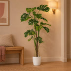 Künstliche Monstera (Monstera deliciosa), ca. 180 cm – Raumbild im Übertopf elho Brussels Round Weiß, Übertopf nicht enthalten