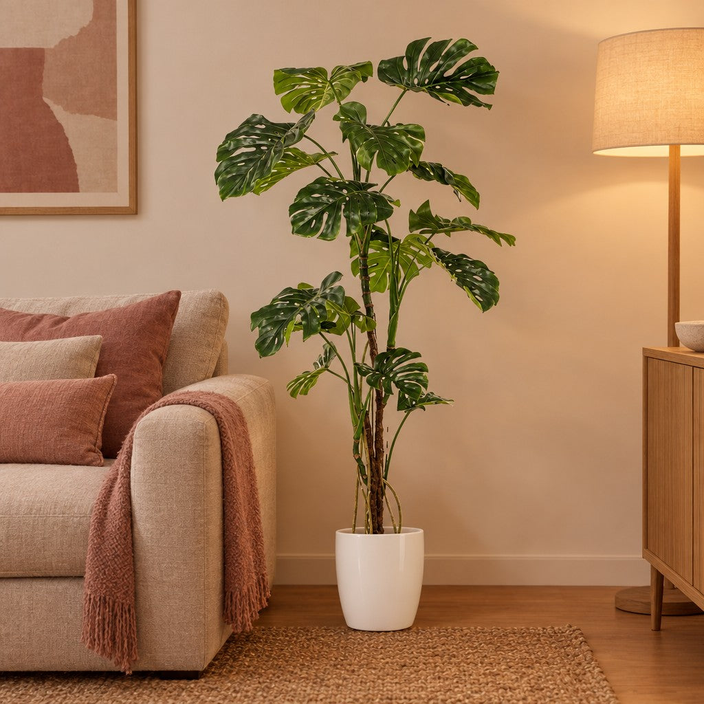 Künstliche Monstera (Monstera deliciosa), ca. 180 cm – Raumbild im Übertopf elho Brussels Round Weiß, Übertopf nicht enthalten