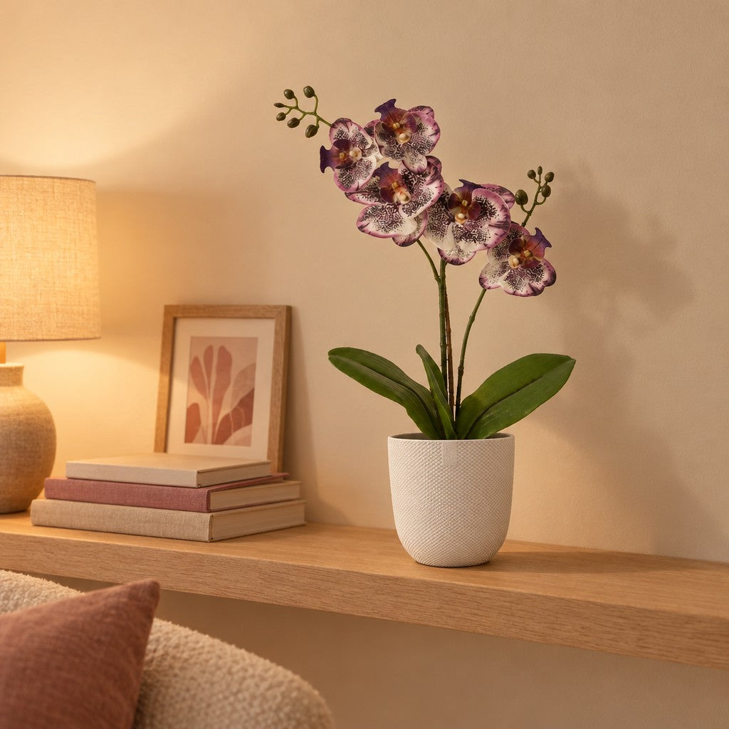 Künstliche Phalaenopsis-Orchidee Lila, ca. 41 cm – Raumbild im Übertopf elho Jazz Round Weiß, Übertopf nicht enthalten