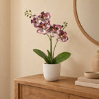 Künstliche Phalaenopsis-Orchidee Lila, ca. 41 cm – Raumbild im Übertopf elho Jazz Round Weiß, Übertopf nicht enthalten