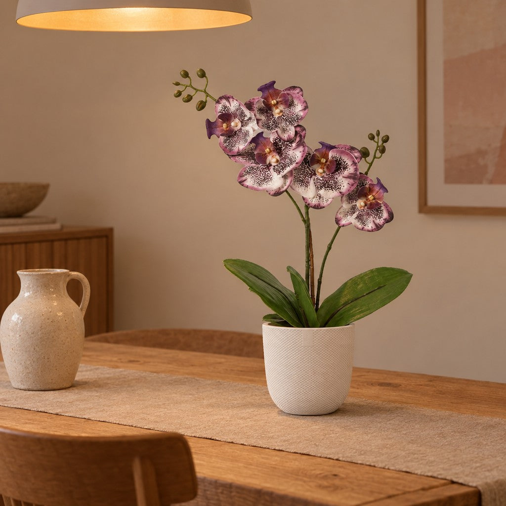 Künstliche Phalaenopsis-Orchidee Lila, ca. 41 cm – Raumbild im Übertopf elho Jazz Round Weiß, Übertopf nicht enthalten