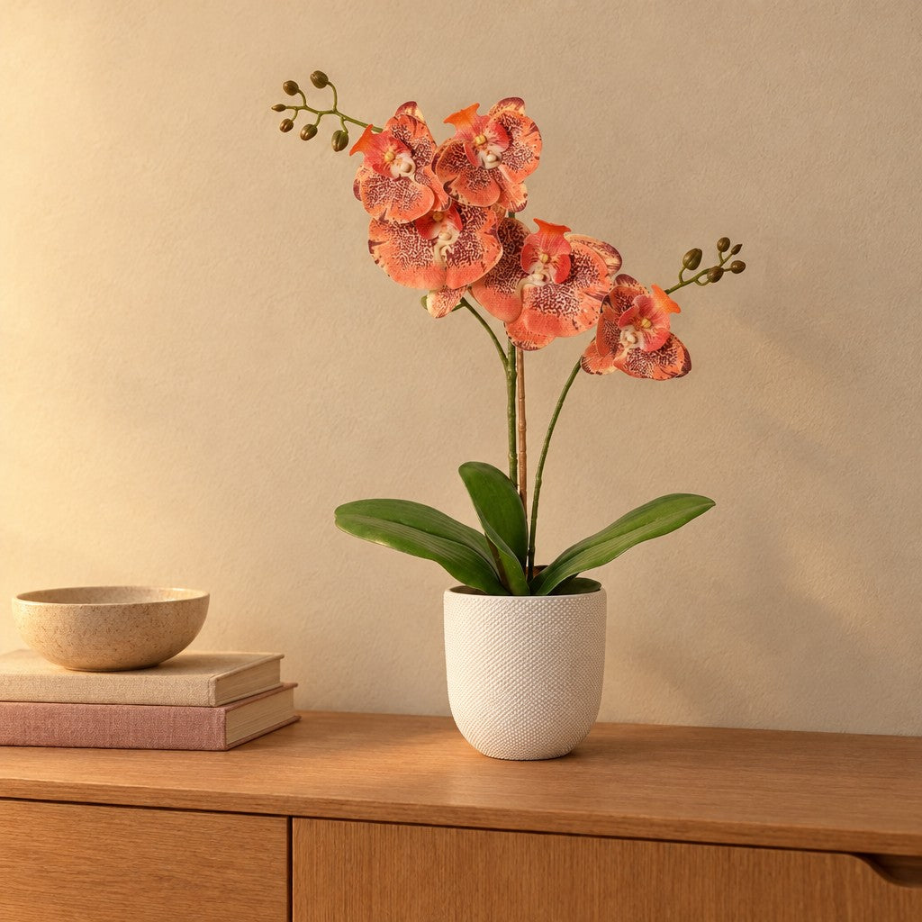 Künstliche Phalaenopsis-Orchidee Orange, ca. 42 cm – Raumbild im Übertopf elho Jazz Round Weiß, Übertopf nicht enthalten