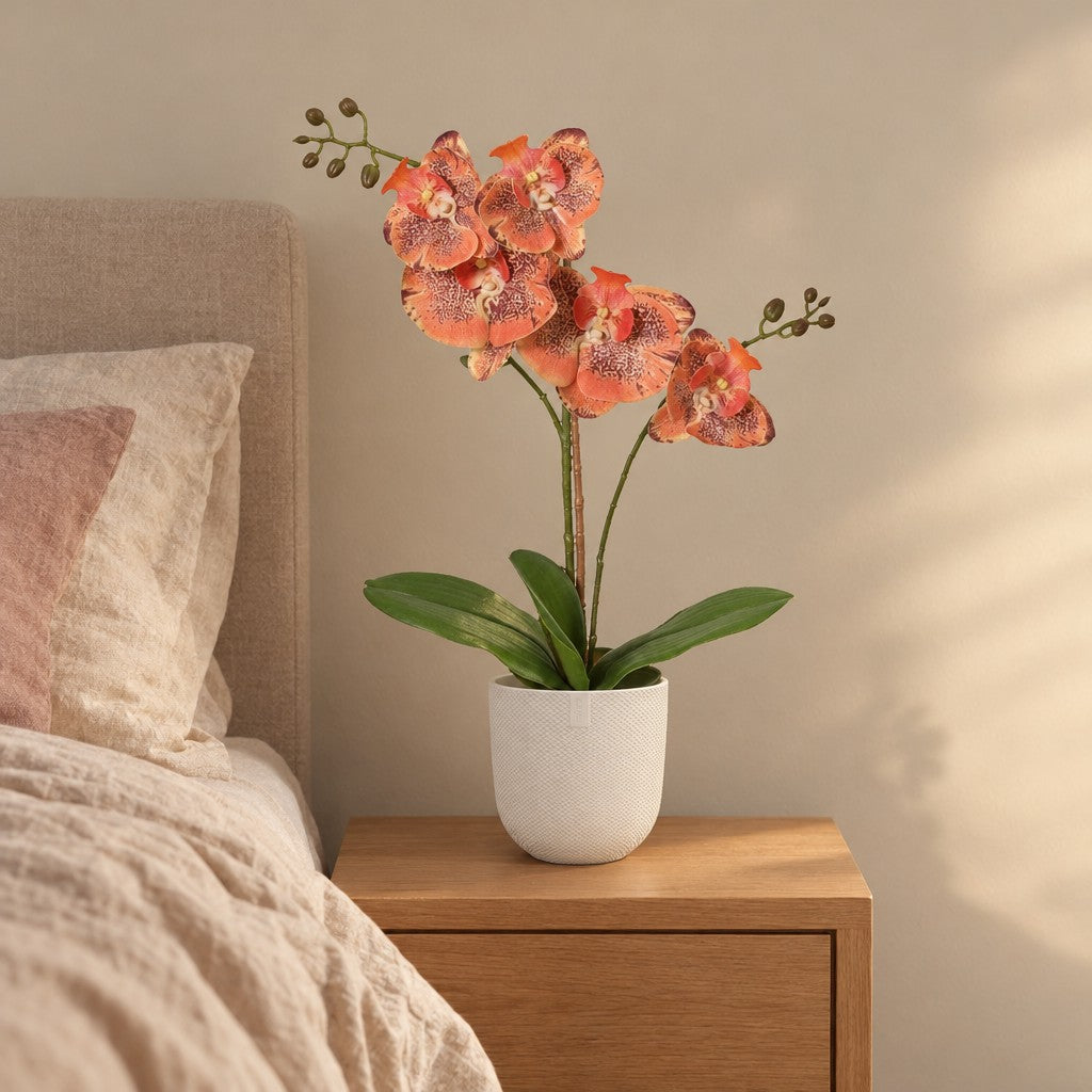 Künstliche Phalaenopsis-Orchidee Orange, ca. 42 cm – Raumbild im Übertopf elho Jazz Round Weiß, Übertopf nicht enthalten