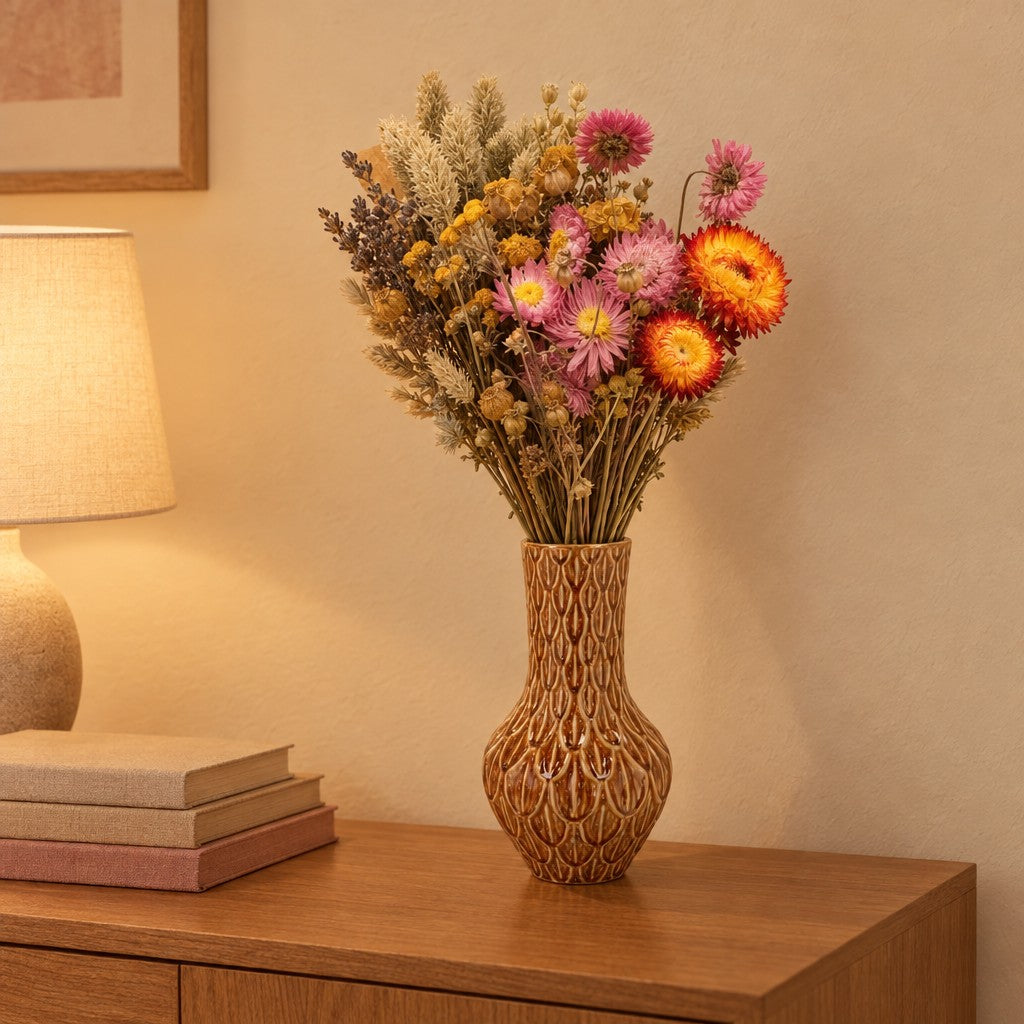 Vase »Boa« aus Keramik, Größe M, Höhe ca. 39 cm, Braun – so könnte es aussehen: mit Trockenblumen-Strauß »Field« Bunt (separat erhältlich)