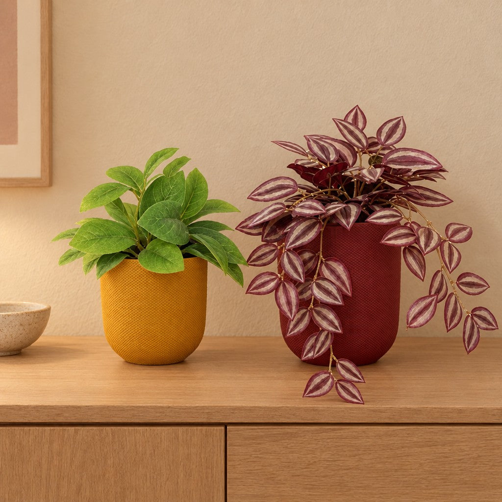 Fensterbank-Duo Bunt: Wachsblume (Hoya) und Tradescantia mit Übertöpfen in Gelb und Rot – Raumbild