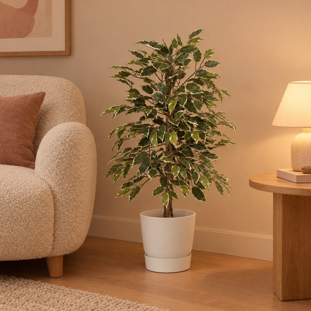 Künstliche Birkenfeige Variegata (Ficus benjamina) mit Übertopf elho Greenville Round Weiß – Raumbild