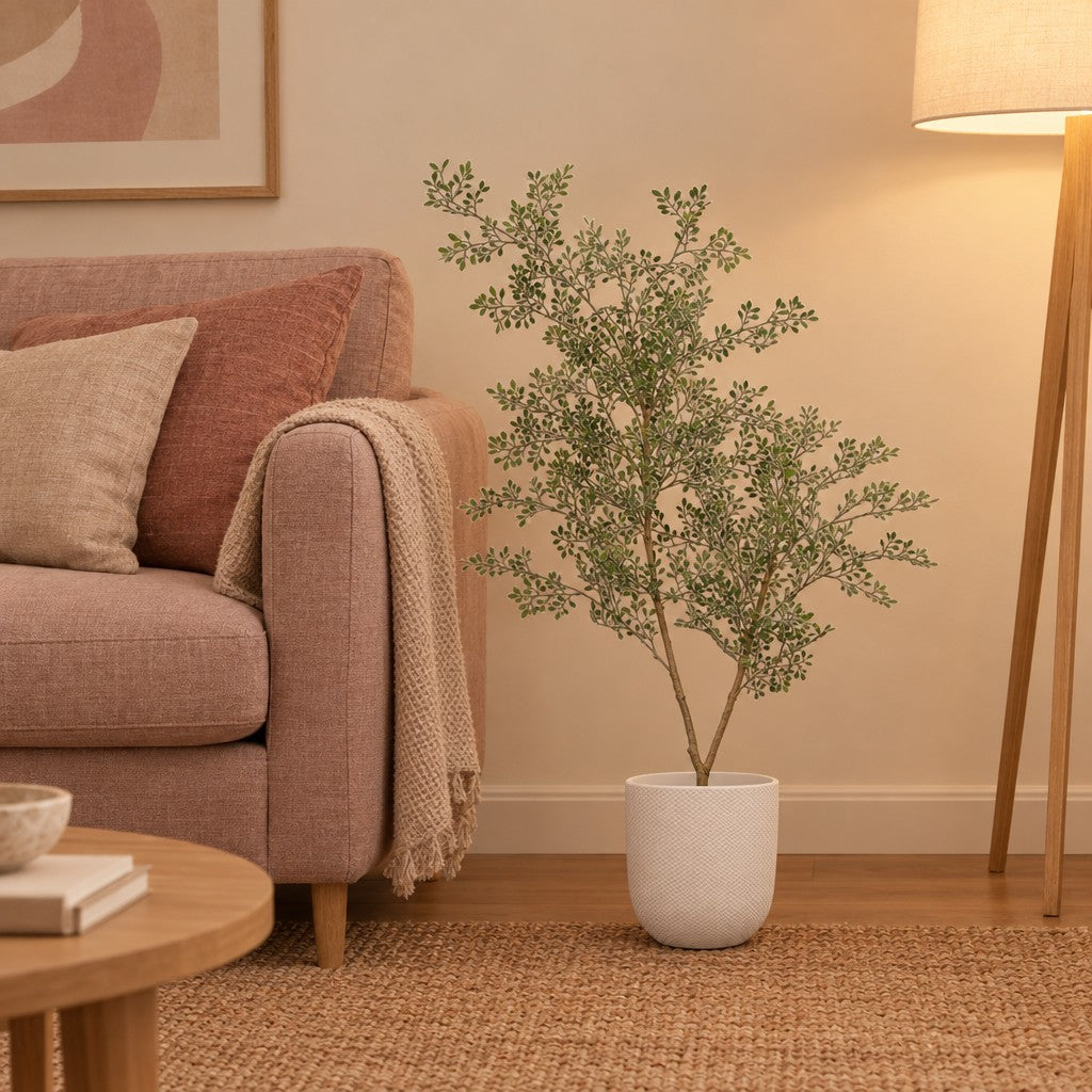 Übertopf elho Jazz Round Weiß – Raumbild, so könnte es aussehen: mit Künstliche Bucida (separat erhältlich), Pflanze nicht enthalten, Ø 19 cm