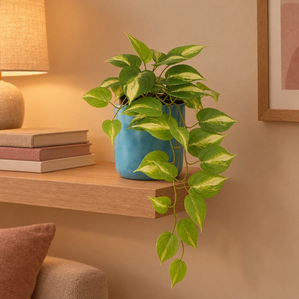Übertopf elho Ocean Round Atlantikblau – Raumbild, so könnte es aussehen: mit Künstliche Efeutute Variegata (Epipremnum aureum) (separat erhältlich), Pflanze nicht enthalten, Ø 14 cm