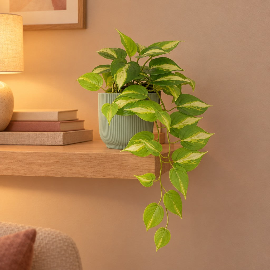 Übertopf elho Vibes Fold Round Grün – Raumbild, so könnte es aussehen: mit Künstliche Efeutute Variegata (Epipremnum aureum) (separat erhältlich), Pflanze nicht enthalten, Ø 14 cm