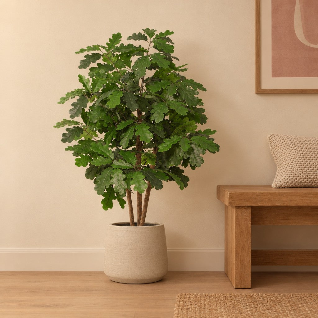 Übertopf Jumbo Patt, Ø 23 cm, Beige verwaschen – Raumbild, so könnte es aussehen: mit Künstliche Eiche (Quercus) (separat erhältlich), Pflanze nicht enthalten