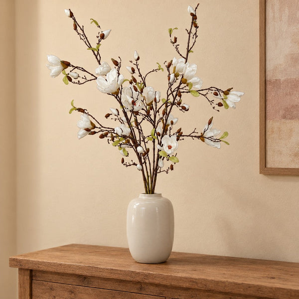 Künstliche Magnolienzweige Creme (Magnolia) mit Glasvase Artic Ivory